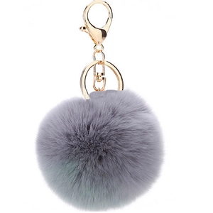 Faux rabbit fur keychain in grey with gold metal ring and lobster clasp accessory