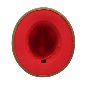 Detail of wool fedora interior showing the red lining and adjustable size string