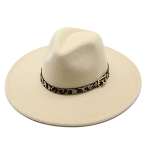 Retro cream jazz fedora with 9.5cm wide brim and leopard print band for men and women