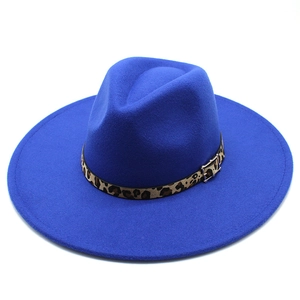 Royal blue wool fedora hat with 9.5cm wide brim and leopard print band with buckle