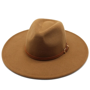 Classic caramel wool fedora hat with wide brim and decorative leather belt for unisex