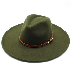 Dark green wide brim wool fedora hat with brown leather band and gold buckle detail