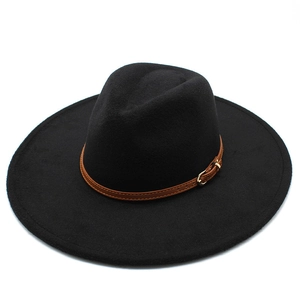 Classic black wide brim wool fedora hat with brown leather band for men and women