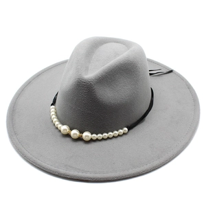 Grey wool wide brim fedora hat with black ribbon and white pearl band decoration