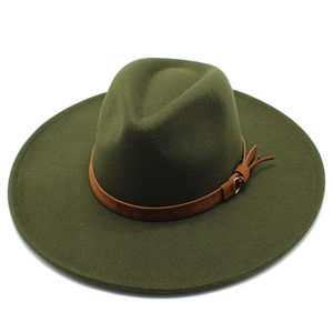 Detail of dark green wide-brim fedora with brown faux suede band and metal buckle