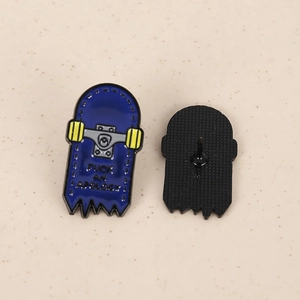 Blue skateboard ghost enamel pin with Fuck An Apology text and yellow wheels