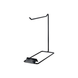Minimalist black metal jewelry display stand for necklaces and headsets on white background