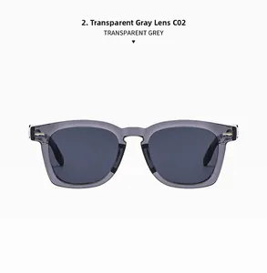 Detail view of transparent grey sunglasses frame with C02 metal rivet and UV lenses