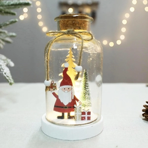 Christmas glass jar LED light with Santa Claus and mini tree on wooden base