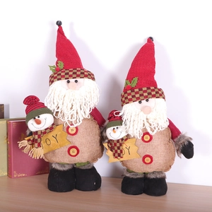 Standing Santa Claus linen dolls with JOY snowman for festive Christmas table decor