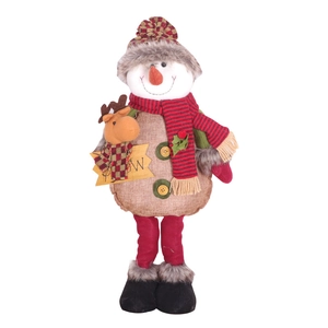Standing Christmas snowman plush decoration with telescopic legs and a small deer doll