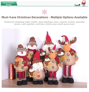 Detail of plush Christmas gnomes with Joy signs, featuring Santa, snowman and reindeer