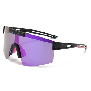 Polarized sports cycling sunglasses with purple wide lens and black speckled frame