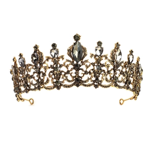 Vintage Baroque gold crown with black rhinestones and hollow vine patterns for weddings