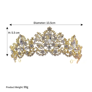 Close-up of golden wedding crown featuring sparkling rhinestones with dimensions and weight