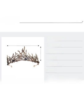 Detail view of bridal branch tiara with dimensions, rhinestone inlay and zinc alloy finish