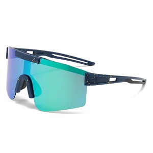 Polarized sports cycling sunglasses with blue paint-splatter frame and colorful large lens
