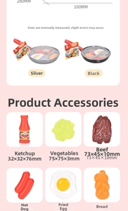 Kids kitchen toy set showing detailed dimensions of pans and various play food accessories