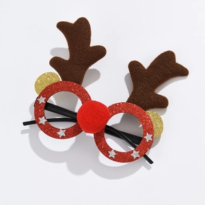 Close-up of Christmas reindeer glasses featuring red glitter, brown felt antlers and pom-pom