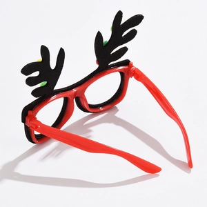 Detailed back view of red Christmas glasses with black antlers and colored pom-poms