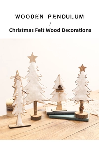Detail of four white felt Christmas tree ornaments with wooden stars and pine cones