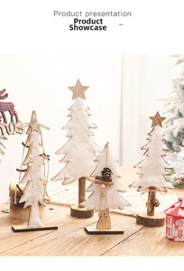 Detail of miniature white faux fur Christmas tree ornaments with rustic wood base and star