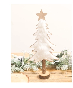 Macro detail of a white felt mini Christmas tree with a natural wooden base and star topper
