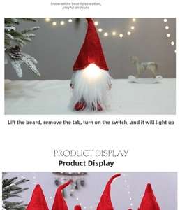 Detail of LED light-up Christmas gnome with red knitted hat and plush white beard