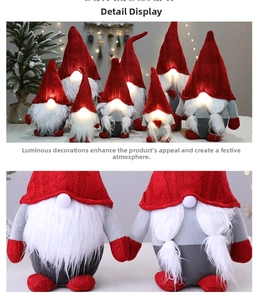 Macro detail of Christmas gnome with warm LED light and festive red knit fabric texture