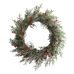 Christmas wreath with artificial pine branches, red berries, and natural pine cones
