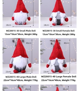 Detailed size comparison of festive plush Christmas gnomes with warm bokeh lighting