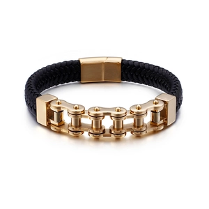 Bracelet pour homme en cuir tressé avec design de chaîne de vélo en acier doré
