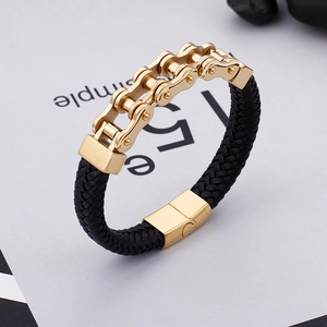 Bracelet pour homme en cuir tressé noir avec maillons de chaîne en acier doré