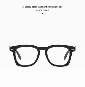 Detail of glossy black rectangular frame with silver arrow accent and anti-blue light lens