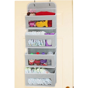 Gray wall hanging organizer with 4 pockets and clear windows for baby nursery storage
