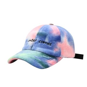 Fleece tie-dye baseball cap with winter comes embroidery in blue and pink hues