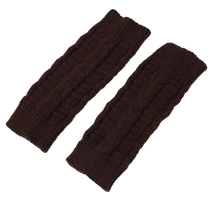 Detailed macro view of dark brown cable knit arm warmers with ribbed cuff ends