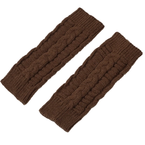 Detail of dark brown cable knit fingerless gloves showing thick texture and pattern