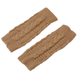 Close-up of khaki cable knit arm warmers showing detailed texture and patterns