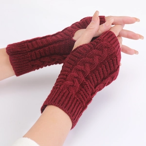 Short wine red cable knit fingerless gloves for men and women with warm wrist guard