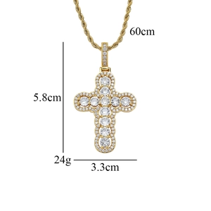 Detail showing dimensions of gold cross pendant with clear stones and 60cm chain