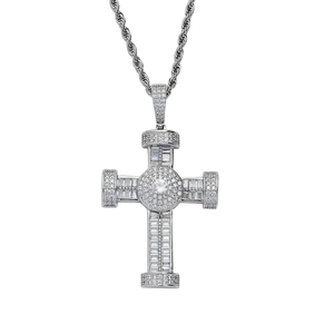 Silver hip hop cross pendant necklace with rectangular zircon and rope chain on white