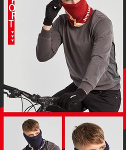 Close-up of winter knitted neck warmer and touchscreen cycling gloves with non-slip palms