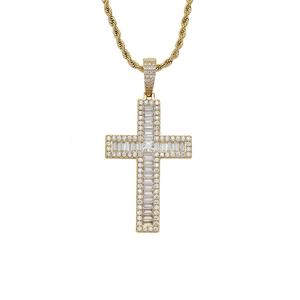 Hip hop gold plated cross pendant necklace with cubic zirconia and rope chain