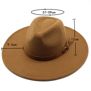 Detailed size specifications of the brown wide-brimmed felt fedora hat for adults
