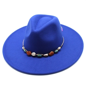Royal blue wide brim fedora hat with turquoise and shell beaded bohemian band accessory