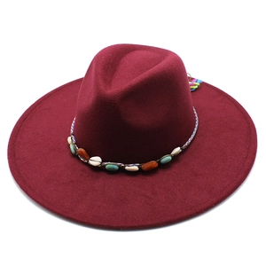 British style wine red felt fedora with a 9.5cm wide brim and bohemian woven band