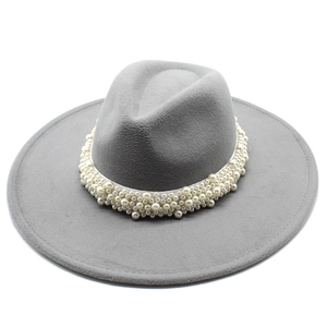 Classic light grey wool felt wide brim fedora hat with elegant pearl band decoration
