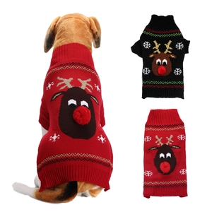 Detail of Santa Claus knit dog sweater showing reindeer pattern and snowflake texture