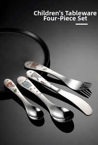 Polished stainless steel children's cutlery set with cute forest animal cartoon prints